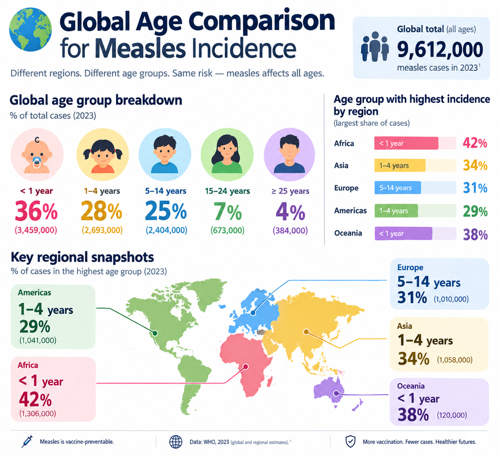 Measles incidence by age group from infants to adults, showing global measles statistics across the lifespan.