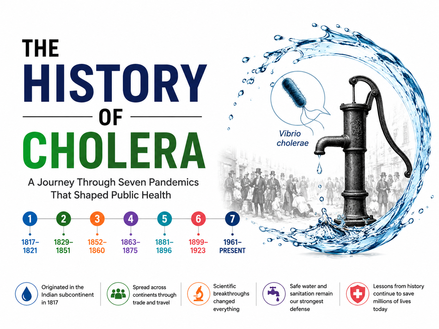 History of cholera illustration showing seven pandemics, an antique water pump, historical epidemic scene, water, and Vibrio cholerae.