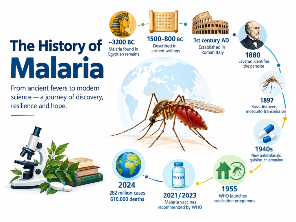 Illustration of malaria history featuring an Anopheles mosquito, microscope, globe and milestones from ancient Egypt to modern malaria vaccines.