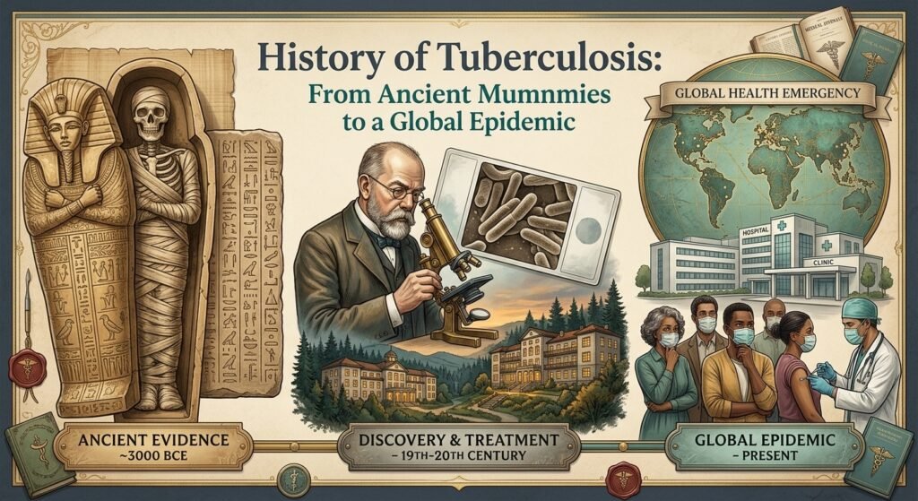 An illustrated medical overview graphic titled "History of Tuberculosis: From Ancient Mummies to a Global Epidemic." The layout shows three panels: an ancient Egyptian sarcophagus and mummy on the left, a scientist with a microscope and sanatorium in the center, and a global map with masked healthcare workers administering vaccines on the right.
