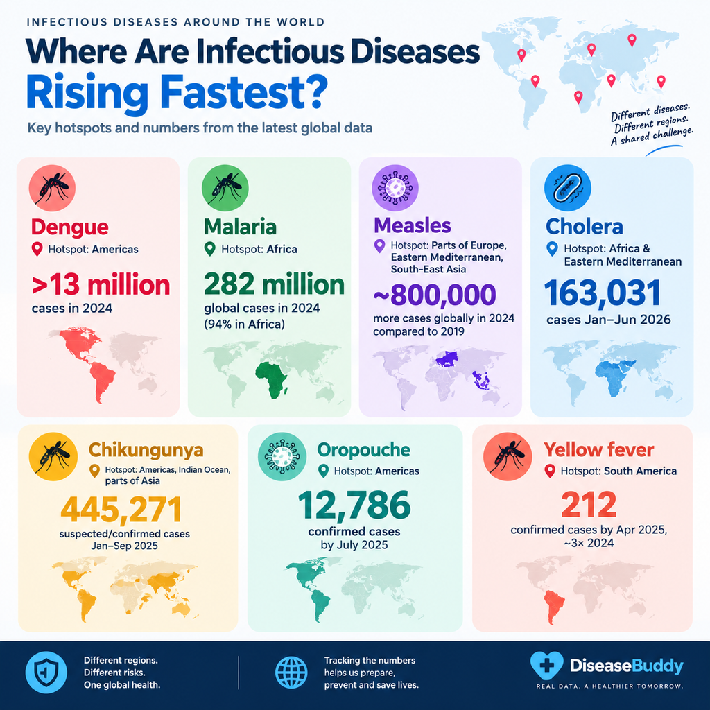 Infographic showing seven infectious diseases, their global hotspots, and recent case numbers.