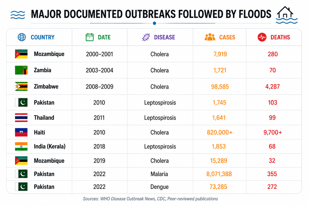 Major disease outbreaks following floods showing countries, dates, diseases, cases and deaths.