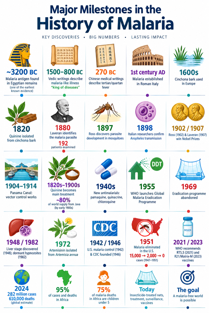 Timeline showing major milestones in history of malaria from ~3200 BC to 2024, including parasite discovery, mosquito transmission, antimalarial drugs, eradication efforts and vaccines.