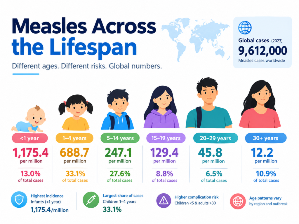 Measles incidence by age group from infants to adults, showing global measles statistics across the lifespan.