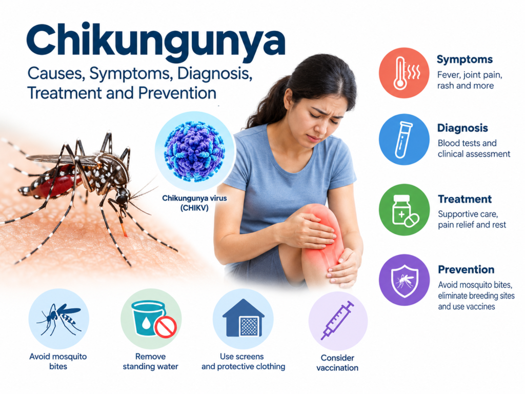 Chikungunya infographic showing an Aedes mosquito, chikungunya virus, a woman with joint pain, and key information about symptoms, diagnosis, treatment and prevention.