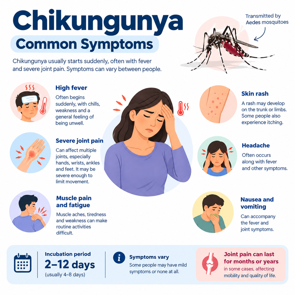 Chikungunya symptoms infographic illustrating high fever, severe joint pain, muscle pain, fatigue, skin rash, headache, nausea and vomiting, with information about the incubation period and persistent joint pain.