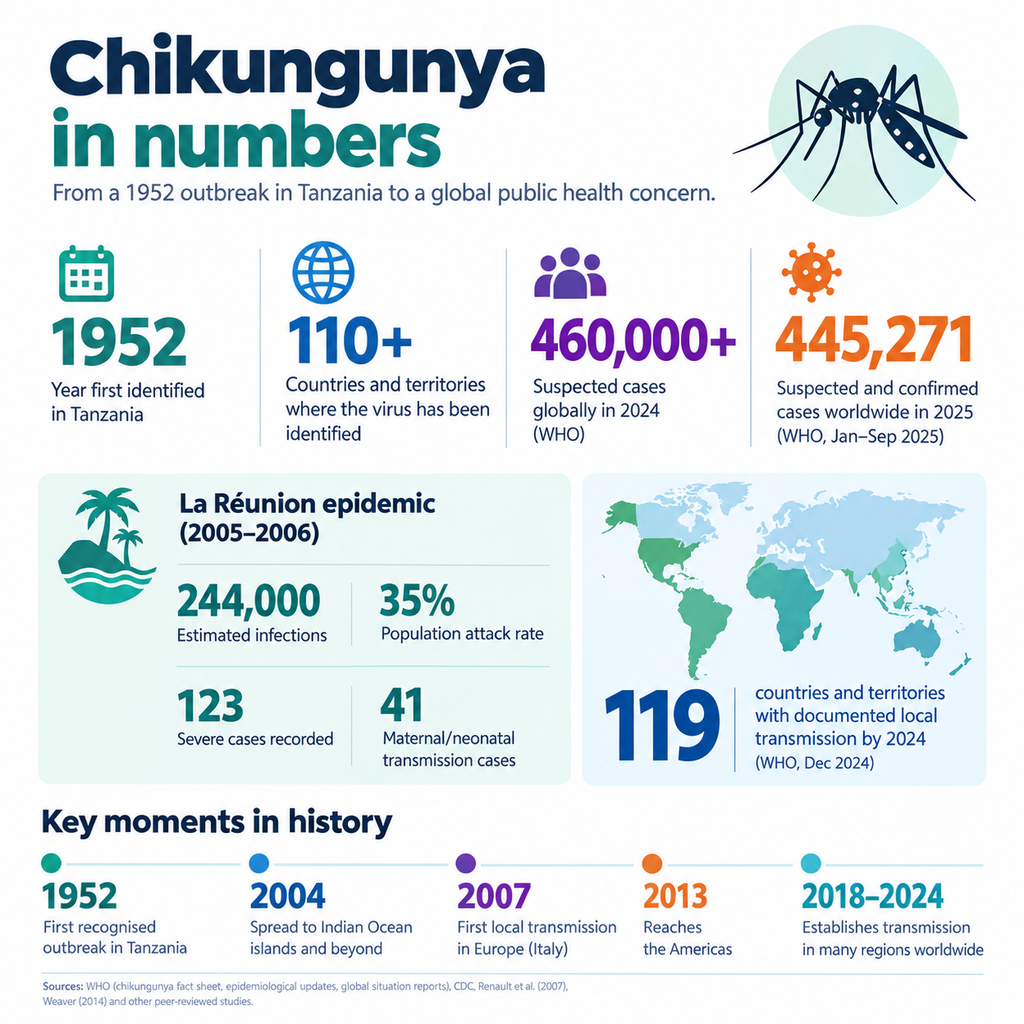 Chikungunya in numbers infographic showing its identification in 1952, spread to over 110 countries and territories, more than 460,000 suspected cases in 2024, 445,271 suspected and confirmed cases reported from January to September 2025, and key statistics from the 2005–2006 La Réunion epidemic.