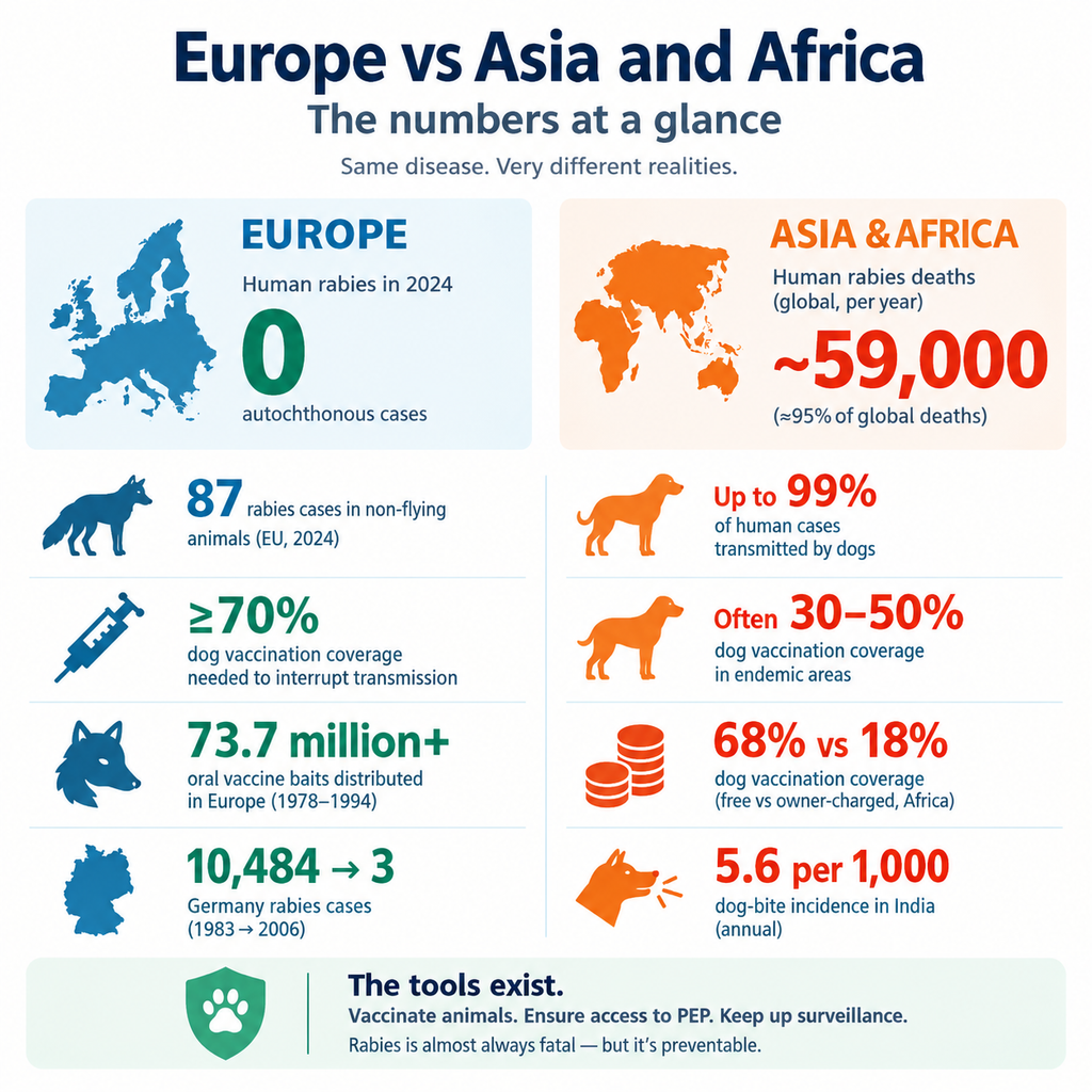 The infographic illustrates the comparision of the success of rabies control in Europe to the ongoing challenges in parts of Asia and Africa in numbers. 