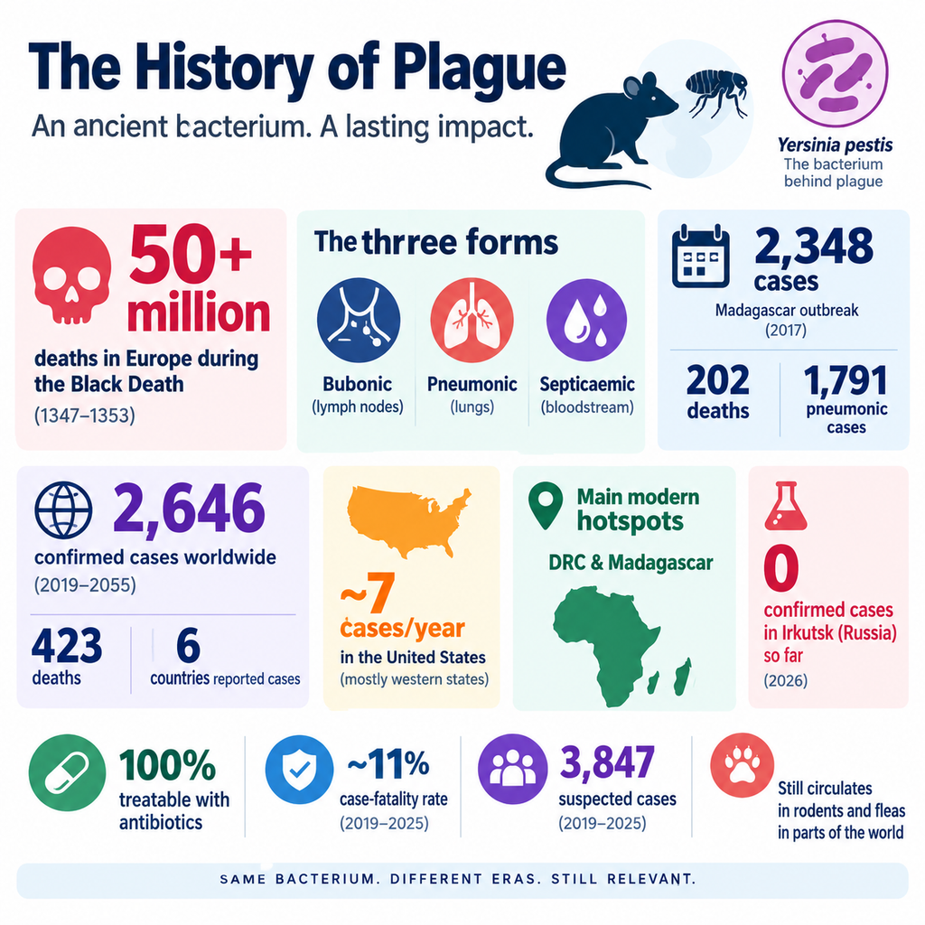 Infographic showing key numbers and facts about the history of plague, including Black Death deaths, three types of plague, Madagascar outbreak statistics, modern global cases, and the 2026 Russia situation.