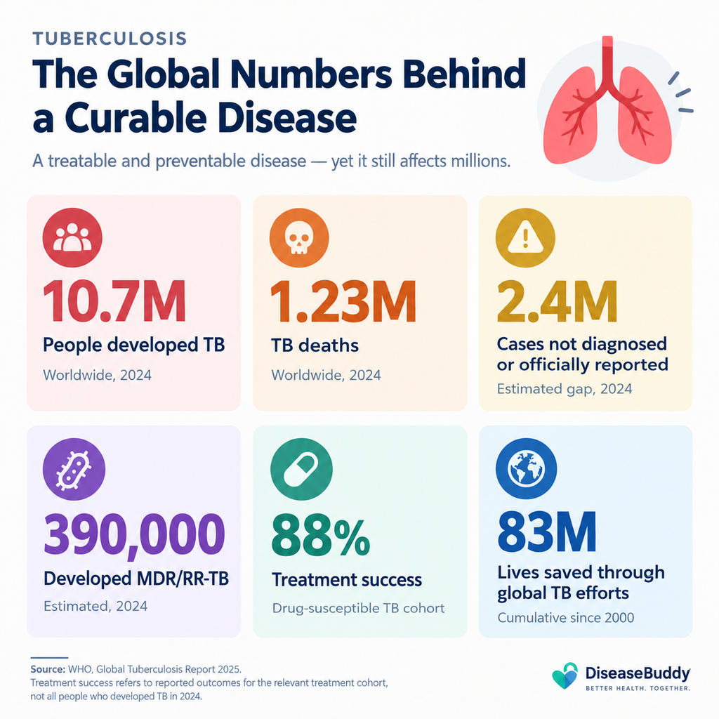 Infographic showing global tuberculosis statistics for 2024: 10.7 million people developed TB, 1.23 million died, 2.4 million cases were not diagnosed or officially reported, 390,000 people developed MDR/RR-TB, treatment success was 88% for drug-susceptible TB, and 83 million lives were saved through global TB efforts since 2000.