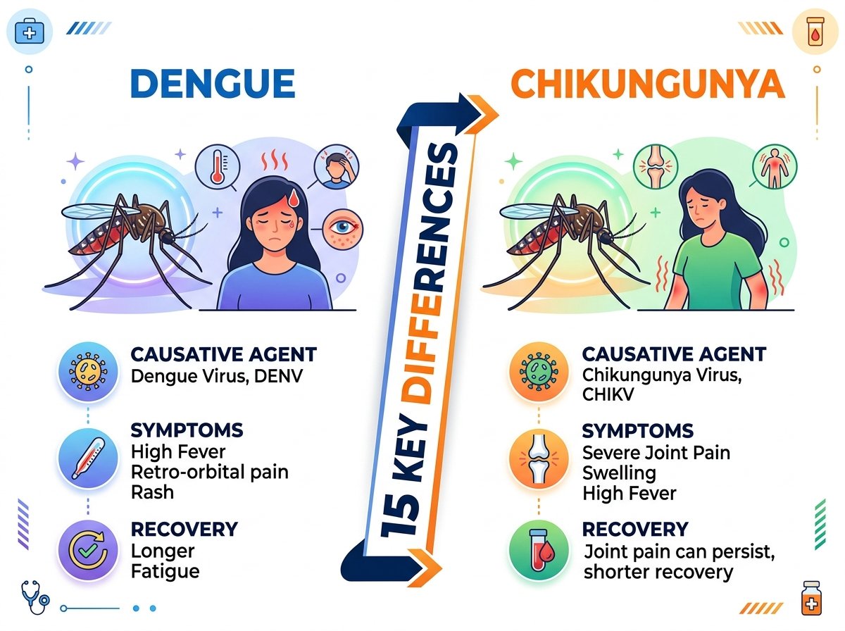 Side-by-side comparison illustration showing Dengue on the left in blue and Chikungunya on the right in orange, separated by a central banner reading '15 KEY DIFFERENCES' on a white background.