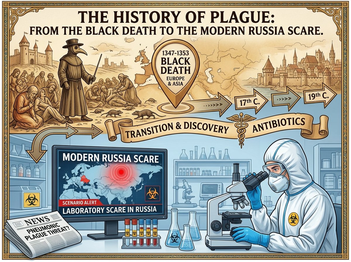 Detailed infographic titled "The History of Plague," contrasting medieval plague victims and a plague doctor at the top with a modern scientist in full protective gear analyzing a Russian plague alert on a screen below.