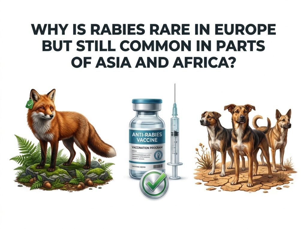 An infographic with text at the top: "WHY IS RABIES RARE IN EUROPE BUT STILL COMMON IN PARTS OF ASIA AND AFRICA?". Below, three vertical illustrative panels. The left shows a healthy red fox in a forest, tagged for monitoring. The center shows a vaccine bottle and syringe with a green checkmark, labeled "ANTI-RABIES VACCINE." The right shows a group of three dogs on dry, cracked earth. The image contrasts successful rabies control (Europe) with persistent challenges (Asia/Africa).